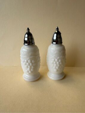Vintage Imperial Glass Milk Glass Grape & Vine  Pattern Salt and Pepper Shakers